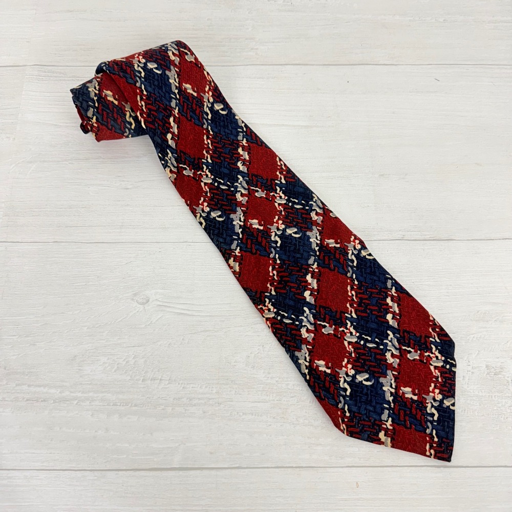 Vintage Chanel Silk Necktie Mens OS Red Navy Blue Geometric Jacquard Italy Logo - Picture 9 of 9